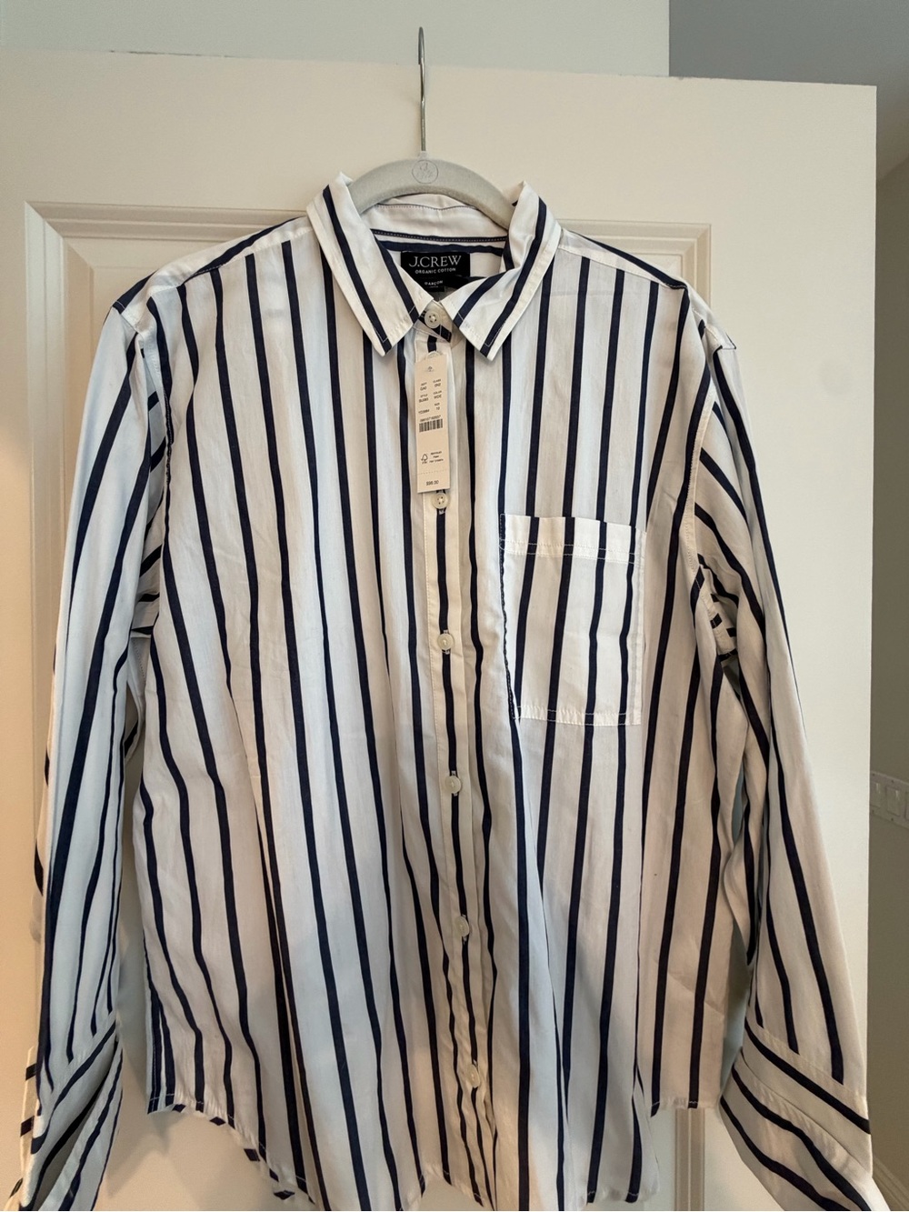 J. Crew White Button-Down Shirt with Navy Vertical Stripes